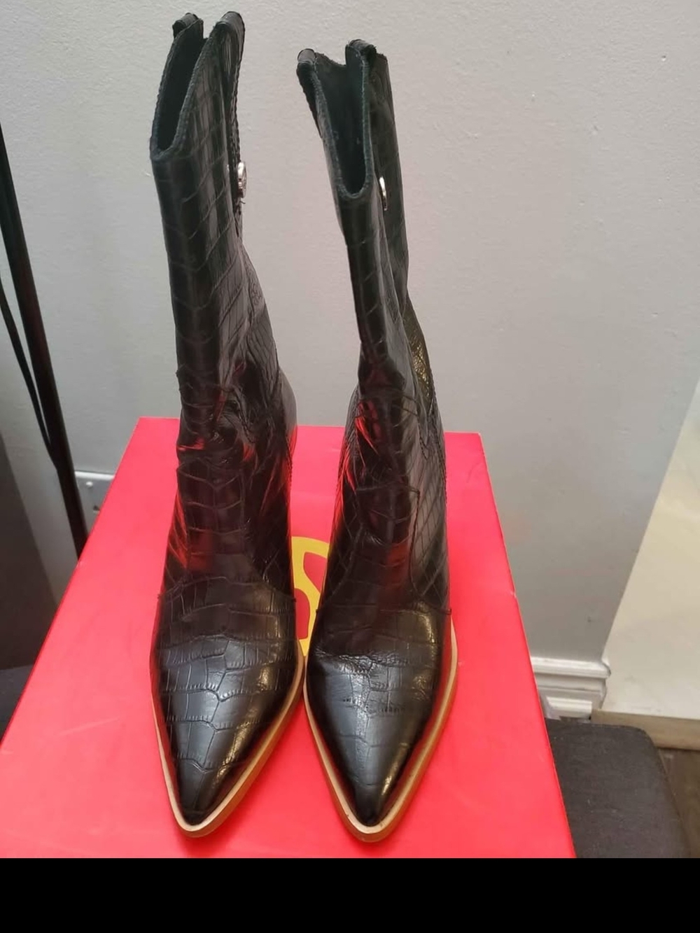 Pointed Black Croc-Embossed Ankle Boots with Gold-Trim - Women's